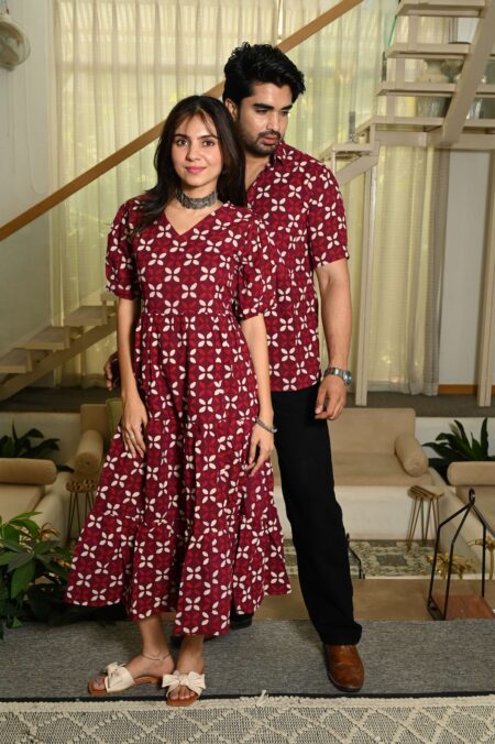 Couple Matching Maroon Cotton Anarkali Midi Dress and Shirt Set ? White Floral Print